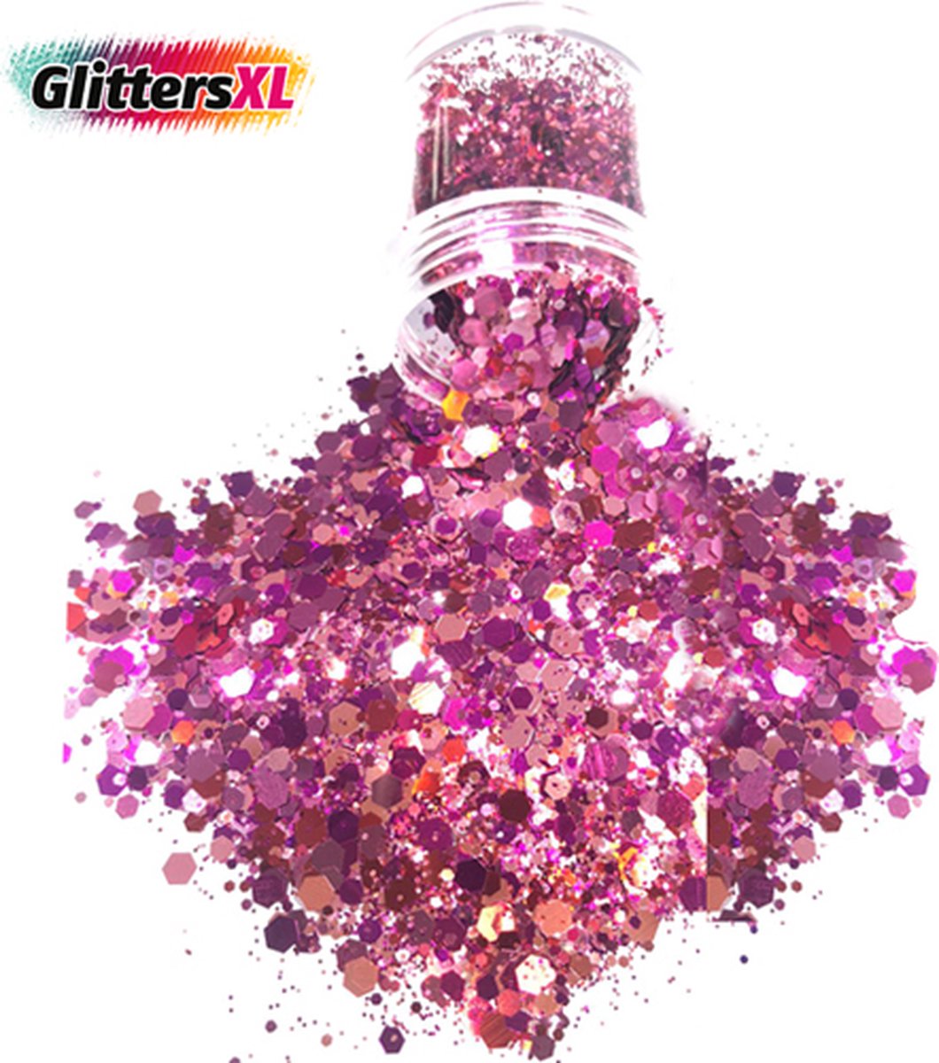 GlittersXL - Chunky Glitters (Rose Roze) [Volume 8g - Festival Jewels Glitter Outfit Lichaam en Gezicht - Make-up Diamond Dots Face Body - Diamantjes Strass Steentjes - Kinderen Volwassenen Dames Makeup Tattoo]